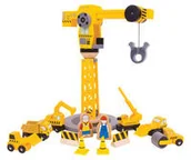 Samochody i pojazdy dla dzieci - Bigjigs Toys Duży dźwig + zestaw pojazdów budowlanych - miniaturka - grafika 1