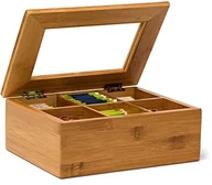 Pojemniki kuchenne - Relaxdays bambusowy pojemnik na herbatę, przybliżone wymiary: 9 × 28 × 16 cm, z 6 lub 8 przegródkami, z pokrywką z przezroczystym okienkiem, kolor naturalny, brązowy, 6 półek 10019145 - miniaturka - grafika 1