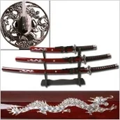 Repliki - broń - USA ZESTAW 3 MIECZY SAMURAJA ZE STOJAKIEM W BORDOWEJ POCHWIE - miniaturka - grafika 1