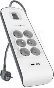 Belkin Listwa zasilająca Przeciwprzepięciowa 6a2 m 2x USB BSV604ca2M - Listwy zasilające - miniaturka - grafika 2