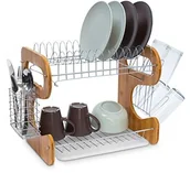 Suszarki do naczyń - Relaxdays suszarka do naczyń, wys. 35 x szer. 51 x gł. 26,5 cm, kratka dwupoziomowa, z bambusa i stali szlachetnej z podstawką i pojemnikiem na sztućce 10019152 - miniaturka - grafika 1