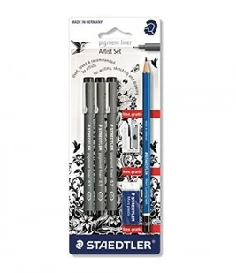 Staedtler 308 sbk3p Artist zestaw 3 Pigment liner 0.3, 0.5, 0.7 i ołówek, gumka, temperówka, gratis, czarna 308 SBK3P - Cienkopisy - miniaturka - grafika 2